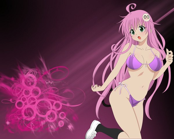 Anime picture 1280x1024 with toloveru xebec lala satalin deviluke single long hair open mouth light erotic green eyes pink hair ahoge abstract navel swimsuit bikini