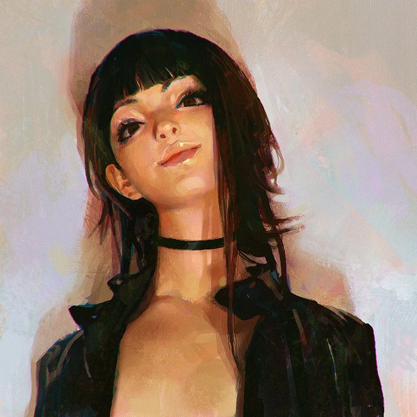 Anime picture 900x900 with original ilya kuvshinov single long hair looking at viewer fringe light erotic brown hair brown eyes lips grey background open clothes shadow from below open shirt portrait sketch girl shirt choker