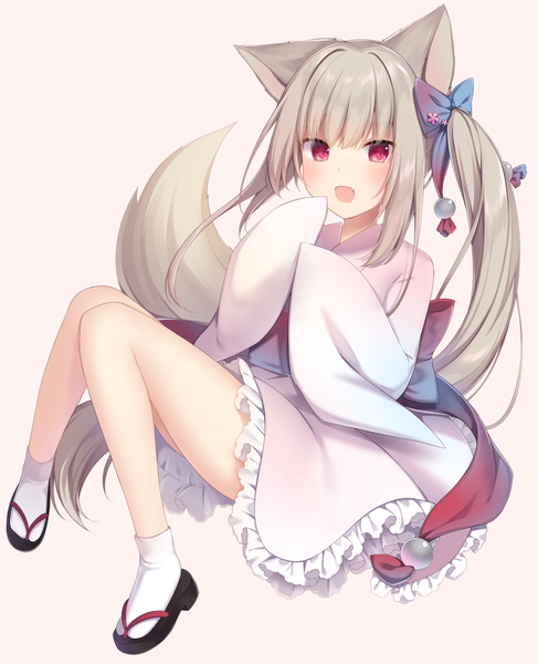 Anime picture 1300x1602 with original nachi single long hair tall image looking at viewer blush fringe open mouth simple background hair between eyes red eyes animal ears payot full body bent knee (knees) tail traditional clothes japanese clothes animal tail