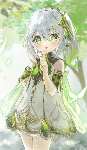 Anime picture 1150x1986 with genshin impact nahida (genshin impact) esukeipu single long hair tall image looking at viewer blush fringe hair between eyes standing green eyes silver hair outdoors pointy ears loli side ponytail finger to mouth symbol-shaped pupils arm behind back