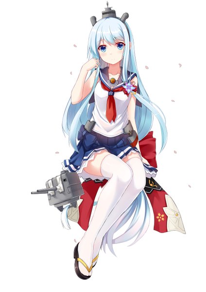Anime picture 4133x5846 with allenes single long hair tall image looking at viewer blush highres blue eyes simple background white background absurdres white hair girl thighhighs hair ornament weapon petals white thighhighs sailor suit