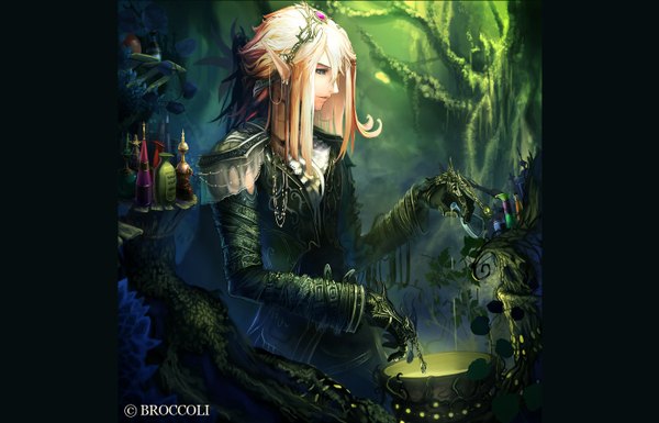 Anime picture 1400x900 with original tachikawa mushimaro (bimo) single long hair blonde hair smile standing green eyes profile pointy ears magic boy gloves hair ornament plant (plants) earrings tree (trees) jewelry forest