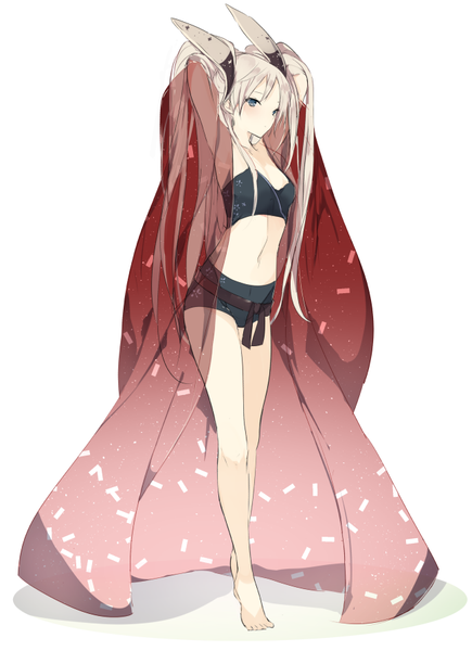 Anime picture 650x895 with original lpip single long hair tall image looking at viewer blush blue eyes simple background standing white background twintails bare shoulders cleavage silver hair full body barefoot bare belly bare legs midriff