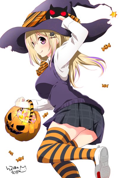 Anime picture 1000x1414 with original ragho no erika single long hair tall image blush light erotic blonde hair smile white background purple eyes pantyshot halloween witch girl thighhighs skirt underwear panties hat