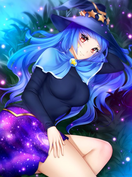Anime picture 750x1000 with original gigamessy single long hair tall image looking at viewer fringe breasts smile hair between eyes red eyes holding blue hair outdoors lying long sleeves bare legs facial mark on side arm behind head