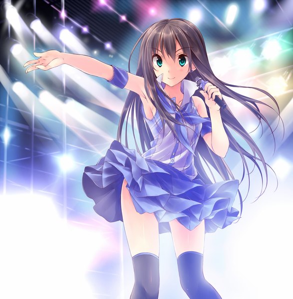 Anime picture 2000x2046 with idolmaster idolmaster cinderella girls shibuya rin kuwashima rein single long hair tall image highres black hair smile green eyes never say never (idolmaster) girl thighhighs dress black thighhighs microphone