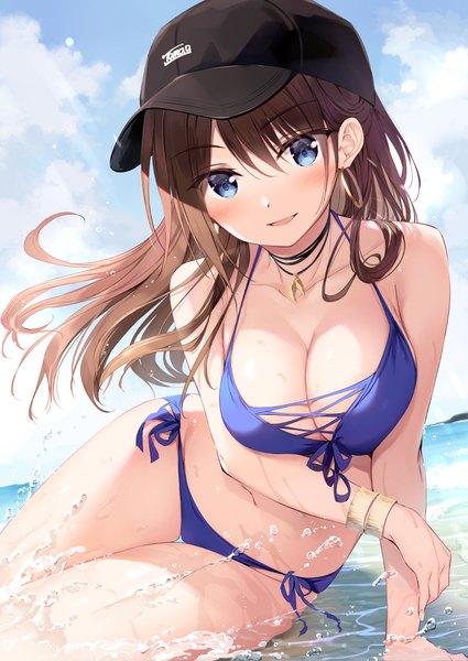 Anime picture 869x1228 with boku no kanojo sensei fujiki maka oryou single long hair tall image looking at viewer blush fringe breasts open mouth blue eyes light erotic smile hair between eyes brown hair large breasts sitting sky cleavage