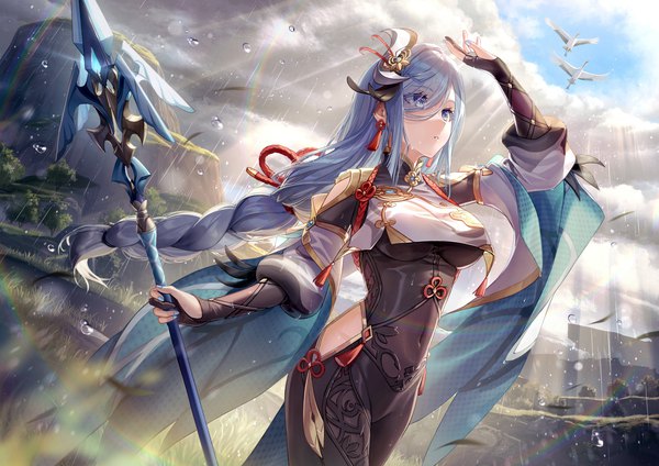 Anime-Bild 2000x1414 mit genshin impact shenhe (genshin impact) maica sunahara single long hair fringe highres breasts blue eyes large breasts standing holding looking away sky silver hair cloud (clouds) outdoors braid (braids) nail polish parted lips