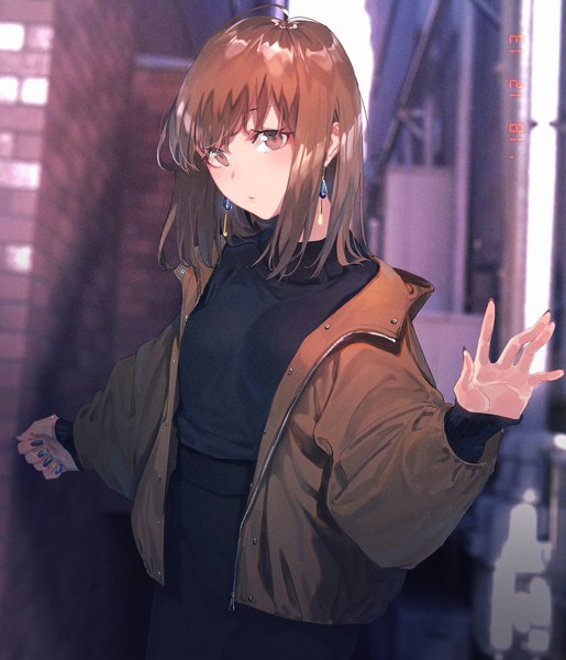 Anime picture 1028x1199 with original rolua single tall image looking at viewer blush fringe short hair brown hair brown eyes upper body long sleeves nail polish open jacket city dated spread arms cityscape girl skirt