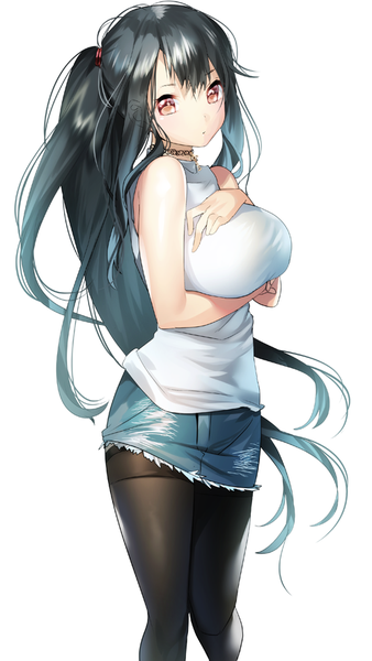 Anime picture 500x887 with original yanyo (ogino atsuki) single long hair tall image fringe breasts light erotic black hair simple background large breasts white background bare shoulders brown eyes looking away ponytail :o sleeveless breast hold denim
