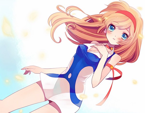 Anime picture 1000x780 with cutie honey kisaragi honey amezawa koma single long hair blush blue eyes blonde hair wind girl ribbon (ribbons) earrings petals heart hairband sundress