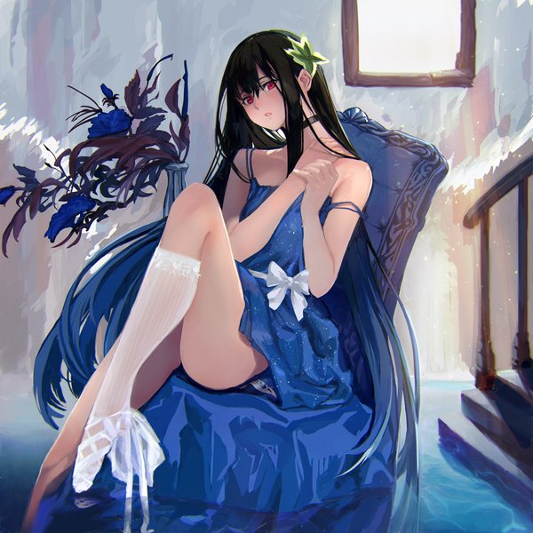 Anime picture 1000x1000 with original syozui single long hair looking at viewer light erotic black hair red eyes girl dress hair ornament flower (flowers) socks white socks armchair