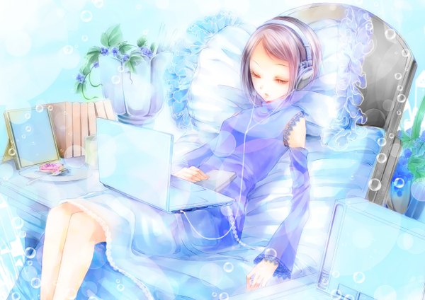 Anime picture 2472x1748 with original miyama kiri highres short hair eyes closed girl dress flower (flowers) headphones wire (wires) mirror laptop computer