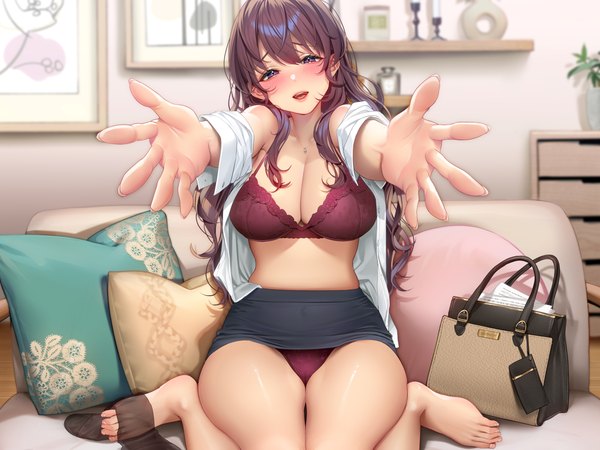 Anime picture 4480x3360 with original masami chie single long hair looking at viewer blush fringe highres breasts open mouth light erotic smile hair between eyes brown hair large breasts sitting purple eyes absurdres full body indoors