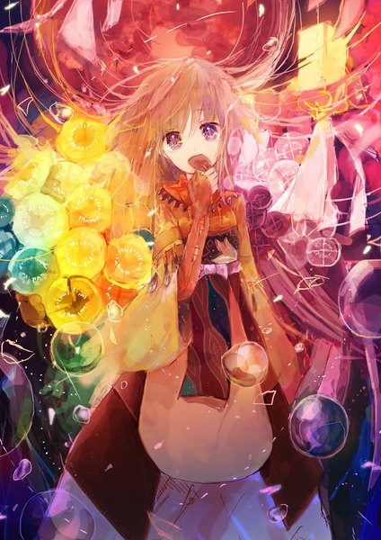 Anime picture 980x1386 with original kazuka (artist) single long hair tall image looking at viewer blonde hair purple eyes abstract girl dress flower (flowers) bubble (bubbles) lamp