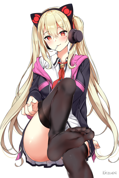 Anime picture 4116x6140 with azur lane concord (azur lane) kaetzchen single long hair tall image looking at viewer blush fringe highres breasts light erotic simple background blonde hair hair between eyes red eyes white background sitting signed animal ears