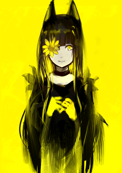 Anime picture 2480x3508 with original tarbo (exxxpiation) single long hair tall image fringe highres black hair blonde hair simple background smile animal ears yellow eyes upper body blunt bangs multicolored hair cat ears two-tone hair cat girl yellow background