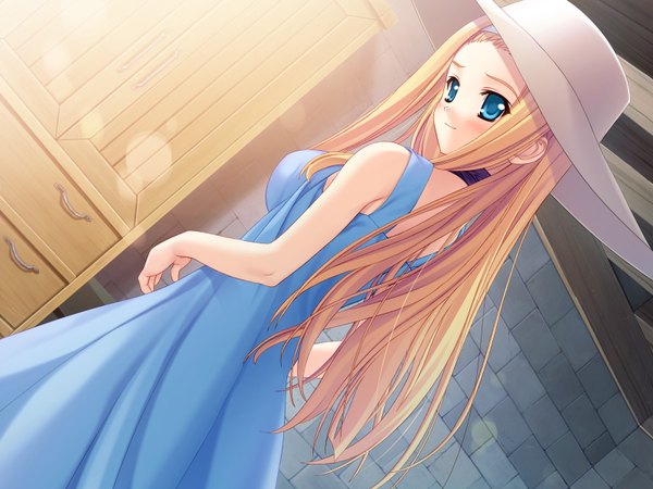 Anime picture 1600x1200 with boku no te no naka no rakuen (game) ellinor besch kurosaki (artist) long hair blue eyes blonde hair game cg girl hat sundress