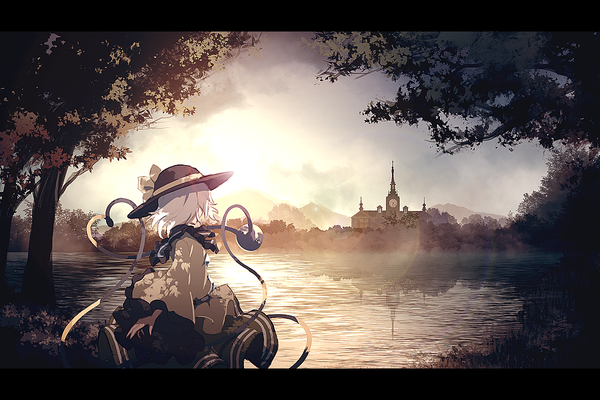 Anime picture 1200x800 with touhou komeiji koishi dise single short hair standing white hair long sleeves from behind sunlight wide sleeves lake heart of string girl skirt bow plant (plants) hat tree (trees) heart