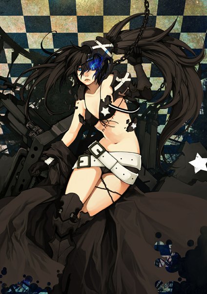 Anime picture 800x1131 with black rock shooter black rock shooter (character) insane black rock shooter ippus single long hair tall image highres breasts blue eyes light erotic black hair twintails glowing scar glowing eye (eyes) checkered checkered background girl navel