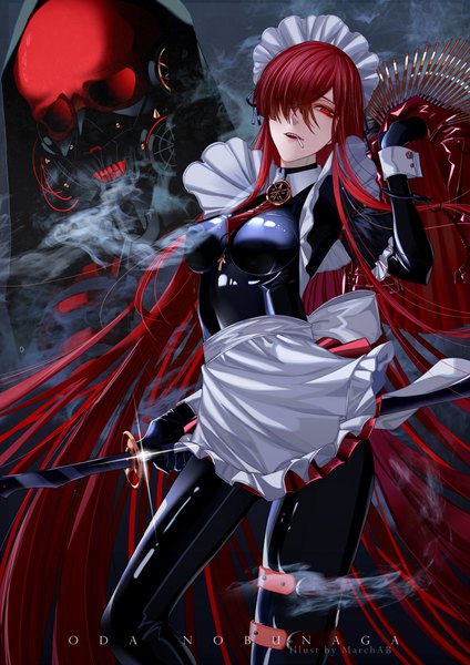 Anime picture 723x1023 with fate (series) fate/grand order oda nobunaga (fate) (all) oda nobunaga (maou avenger) (fate) marchab 66 single tall image looking at viewer fringe breasts open mouth red eyes standing holding signed red hair very long hair head tilt wind hair over one eye