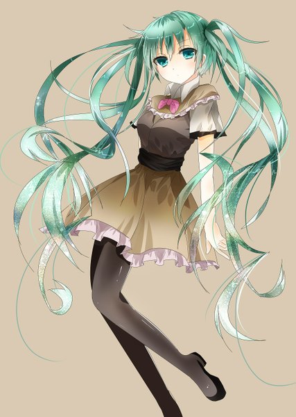 Anime picture 1035x1455 with vocaloid hatsune miku kurana single tall image simple background twintails very long hair aqua eyes aqua hair grey background girl dress pantyhose black pantyhose