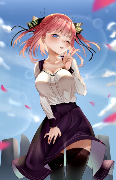 Anime picture 2843x4389 with go-toubun no hanayome nakano nino zasshu single tall image looking at viewer blush fringe highres short hair breasts blue eyes smile standing pink hair sky cloud (clouds) outdoors blunt bangs one eye closed