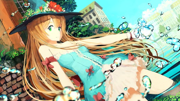 Anime picture 2880x1620 with original jean popo single long hair looking at viewer highres blonde hair wide image green eyes girl dress flower (flowers) bow hat water bubble (bubbles)