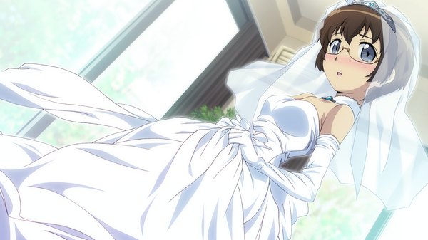 Anime picture 1280x720 with ore no imouto ga konna ni kawaii wake ga nai tamura manami long hair blush short hair brown hair wide image bare shoulders game cg grey eyes wedding girl dress gloves glasses elbow gloves wedding dress wedding veil