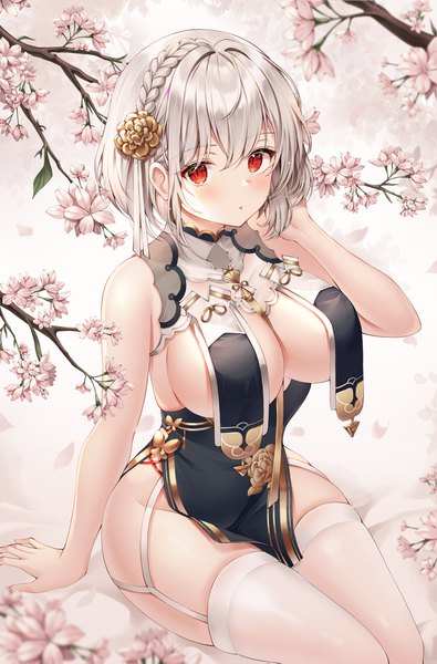 Anime picture 1500x2279 with azur lane sirius (azur lane) sirius (azure horizons) (azur lane) mellozzo single tall image looking at viewer blush fringe short hair breasts light erotic hair between eyes red eyes large breasts sitting bare shoulders cleavage silver hair braid (braids)