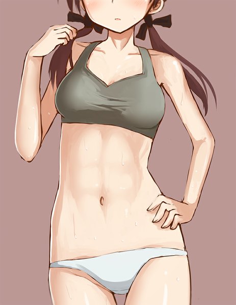 Anime picture 772x1000 with strike witches gertrud barkhorn aksman single long hair tall image blush breasts light erotic simple background brown hair twintails parted lips sweat hand on hip underwear only low twintails head out of frame girl navel