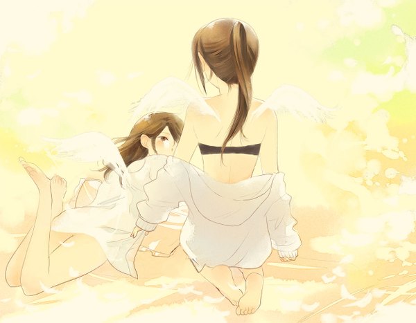 Anime picture 1250x974 with suzumiya haruhi no yuutsu kyoto animation koizumi itsuki kyonko amanattou long hair light erotic brown hair sitting multiple girls brown eyes ponytail lying from behind open clothes open shirt couple kneeling back reclining