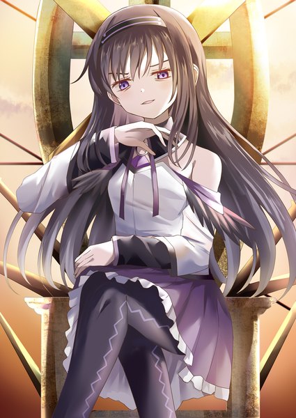 Anime picture 850x1200 with mahou shoujo madoka magica shaft (studio) akemi homura rikopin single long hair tall image looking at viewer blush fringe open mouth black hair sitting purple eyes bare shoulders long sleeves arm up crossed legs frilly skirt girl