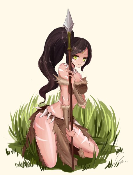 Anime picture 800x1050 with league of legends nidalee (league of legends) rin (artist) single long hair tall image looking at viewer black hair simple background white background green eyes ponytail girl weapon spear
