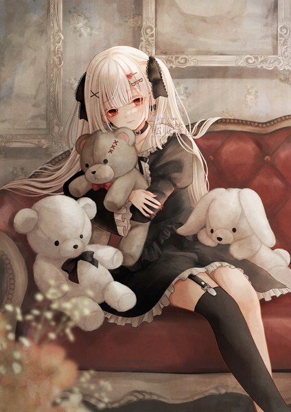 Anime picture 1135x1605 with original ginniroya single long hair tall image looking at viewer fringe red eyes sitting white hair nail polish two side up lolita fashion red nail polish goth-loli albino girl thighhighs dress hair ornament