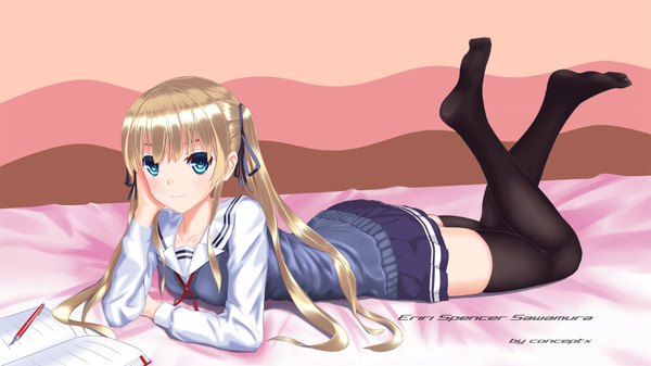 Anime picture 1920x1080 with saenai heroine no sodatekata a-1 pictures sawamura spencer eriri conceptx long hair looking at viewer highres blue eyes blonde hair wide image twintails light smile legs girl thighhighs skirt uniform ribbon (ribbons) black thighhighs hair ribbon