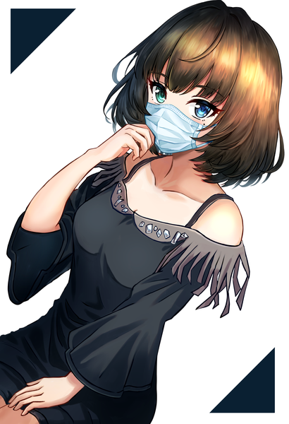 Anime picture 1943x2843 with idolmaster idolmaster cinderella girls takagaki kaede shsh33 single tall image looking at viewer fringe highres short hair blue eyes simple background brown hair white background sitting bare shoulders green eyes arm up off shoulder mole