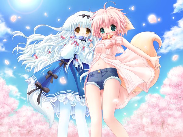 Anime picture 1600x1200 with wanko to lily wanko lily (w&l) hiyo nanami looking at viewer blush fringe open mouth hair between eyes standing multiple girls brown eyes green eyes animal ears blue hair pink hair sky ahoge outdoors tail