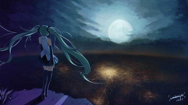 Anime picture 1920x1080 with vocaloid hatsune miku sombernight single highres wide image twintails bare shoulders signed very long hair from above wind from behind aqua hair night night sky city dated cityscape city lights