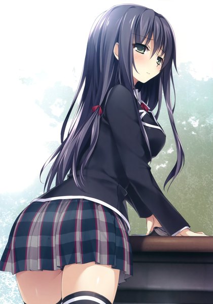 Anime picture 2658x3800 with yahari ore no seishun love comedy wa machigatteiru. brains base (studio) yukinoshita yukino karory single long hair tall image blush highres blue eyes light erotic black hair looking away scan girl thighhighs skirt uniform black thighhighs school uniform