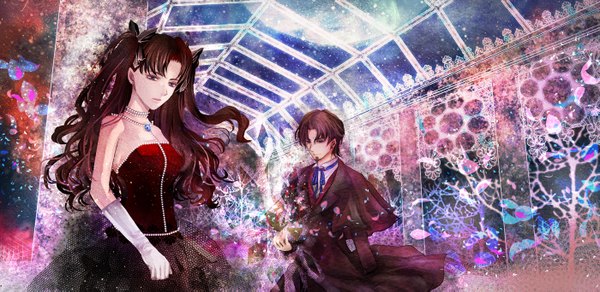 Anime picture 1400x683 with fate (series) fate/stay night fate/zero studio deen type-moon toosaka rin toosaka tokiomi long hair fringe short hair brown hair wide image standing twintails bare shoulders brown eyes night alternate costume girl dress