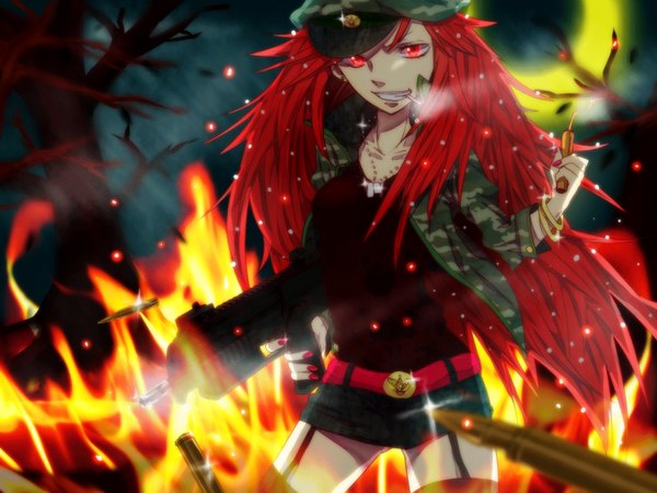 Anime picture 1600x1200 with happy tree friends flaky single long hair red eyes looking away red hair nail polish grin smoking personification girl skirt uniform weapon plant (plants) tree (trees) gun moon jewelry