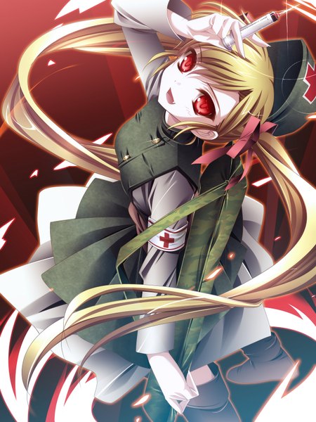 Anime picture 1200x1600 with original moneti (daifuku) single long hair tall image blush open mouth blonde hair red eyes twintails nurse girl ribbon (ribbons) hair ribbon nurse cap syringe