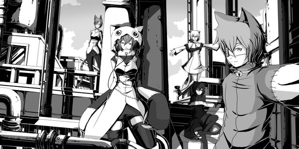 Anime picture 3070x1536 with original sinlaire highres wide image animal ears tail monochrome group cityscape eyepatch