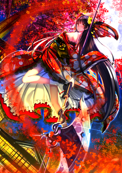 Anime picture 1102x1560 with gate - jieitai ka no chi nite kaku tatakaeri a-1 pictures rory mercury swordsouls single long hair tall image looking at viewer blush black hair smile red eyes braid (braids) traditional clothes japanese clothes floral print girl weapon plant (plants) tree (trees)