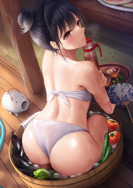 Anime picture 984x1392 with original mhru single tall image looking at viewer blush fringe short hair light erotic black hair red eyes sitting payot ass looking back from above from behind wet hair bun (hair buns) shiny skin