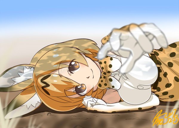 Anime picture 1397x1000 with kemono friends serval (kemono friends) takeya yuuki single looking at viewer blush fringe short hair breasts blonde hair smile hair between eyes large breasts brown eyes signed animal ears sky upper body on side outstretched hand
