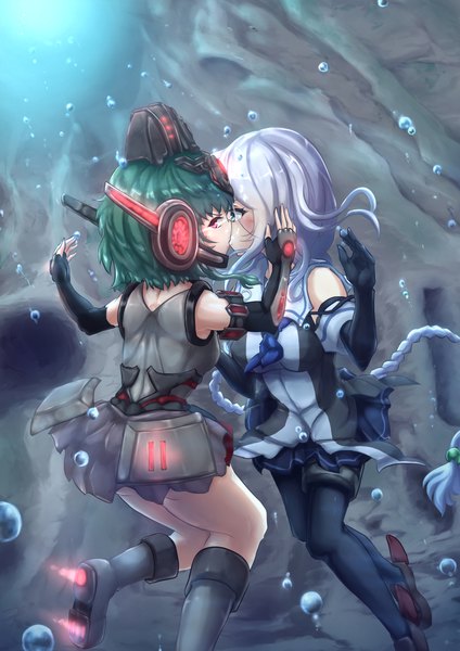 Anime picture 827x1170 with kantai collection starcraft blizzard entertainment umikaze (kantai collection) wakaura asaho tall image looking at viewer short hair red eyes multiple girls silver hair braid (braids) very long hair aqua eyes green hair single braid glowing glowing eye (eyes) underwater kiss