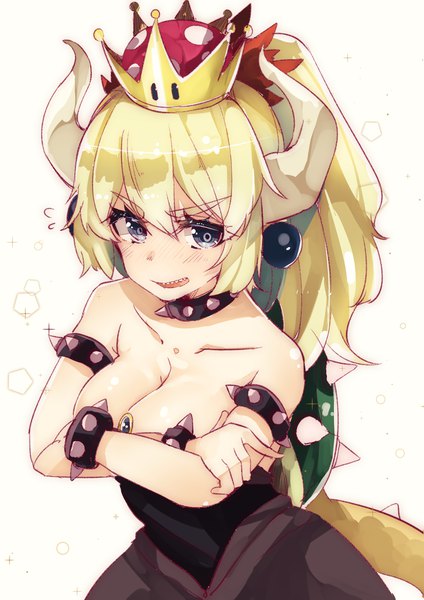 イラスト 1447x2047 と super mario bros. new super mario bros. u deluxe クッパ姫 湯猫子 ソロ 長髪 長身像 前髪 おっぱい 青い目 light erotic simple background 金髪 hair between eyes 白背景 ポニーテール 角 from above エルフ耳 crossed arms