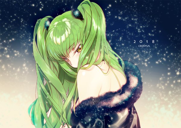 Anime picture 1130x800 with code geass sunrise (studio) c.c. creayus single long hair looking at viewer blush fringe light erotic hair between eyes twintails bare shoulders yellow eyes upper body head tilt green hair off shoulder fur trim alternate hairstyle